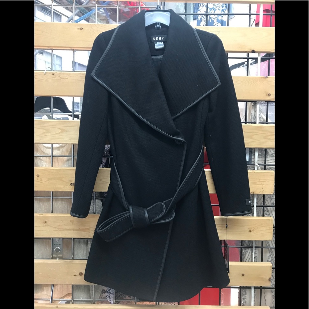 DKNY Petite Faux-Leather-Trim Wrap Coat,black,NWT - Picture 4 of 17